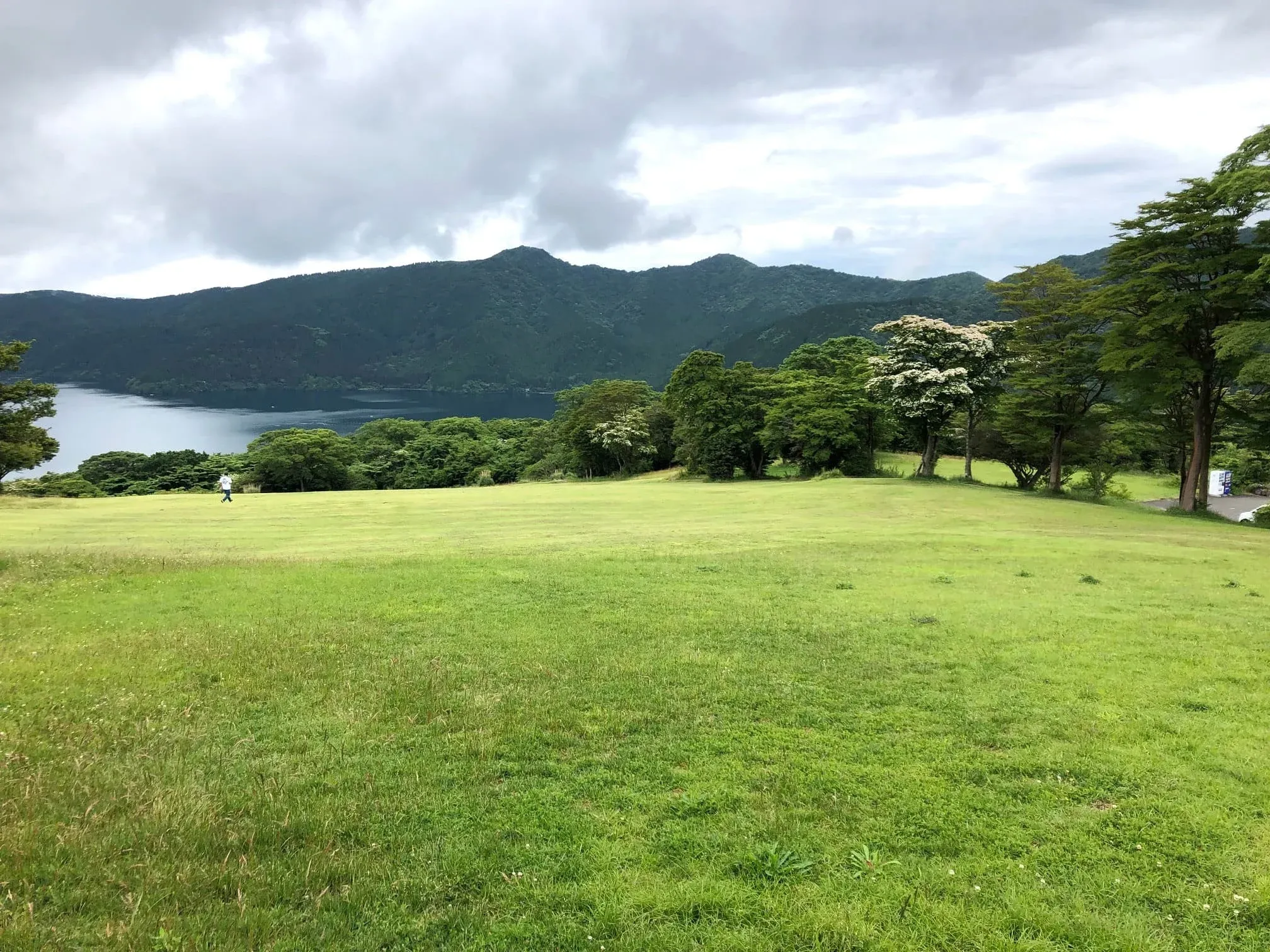 眼下に芦ノ湖を一望。広さは8万㎡の芝生の広場